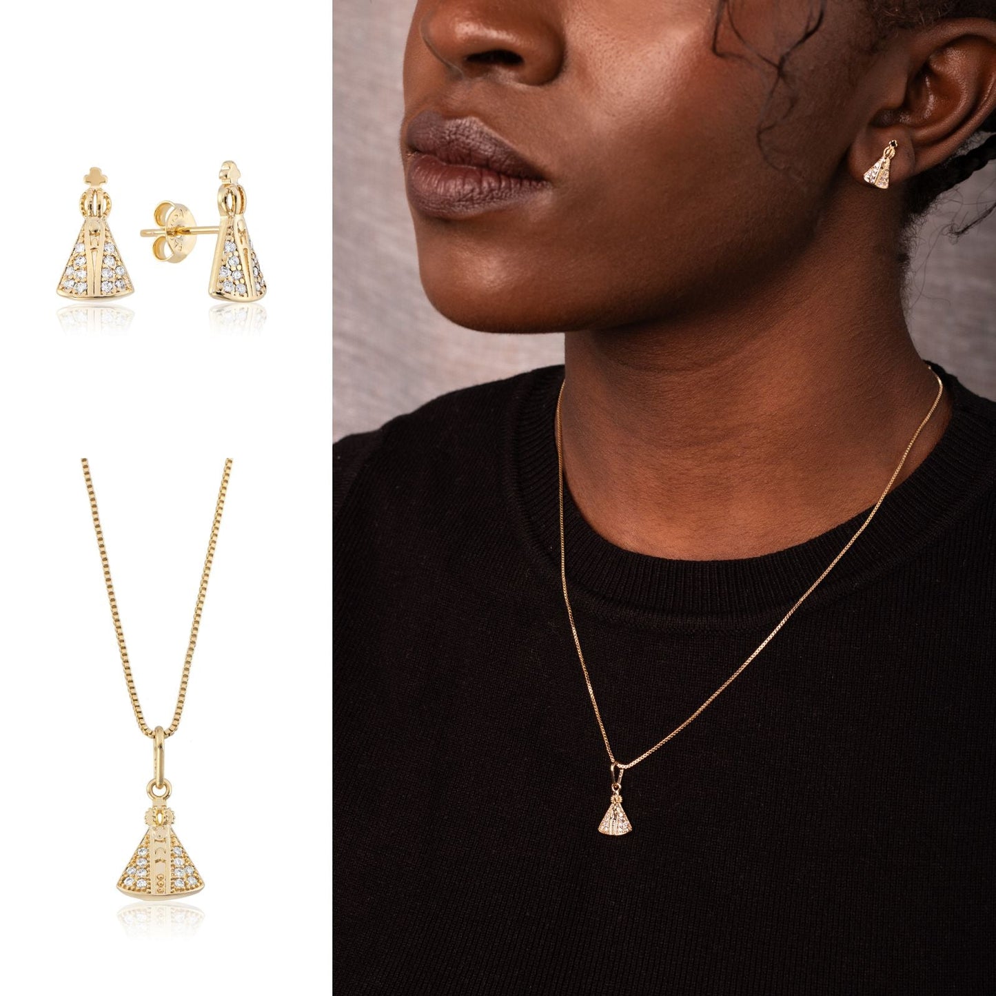 Conjunto N.Sra. Aparecida Banhado a Ouro 18k – Colar e Brinco