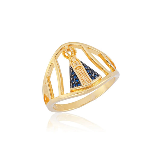 Anel N.Sra. Aparecida com Detalhes em Azul Banhado a Ouro 18k