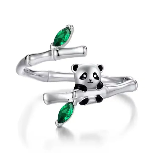 Anel Panda Ajustável com Zircônia Verde Prata 925
