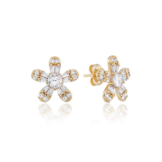 Brinco Flor com Zircônias Banhado a Ouro 18k