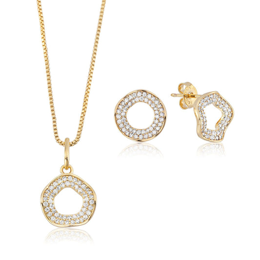 Conjunto Círculo Contemporâneo com Zircônias Banhado a Ouro 18k