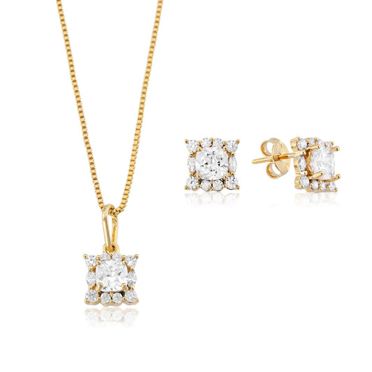Conjunto Ponto de Luz Quadrado com Zircônias Banhado a Ouro 18k