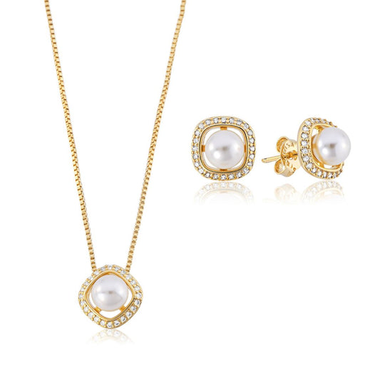 Conjunto de Pérola com Zircônias Banhado a Ouro 18k – Colar e Brinco Quadrado